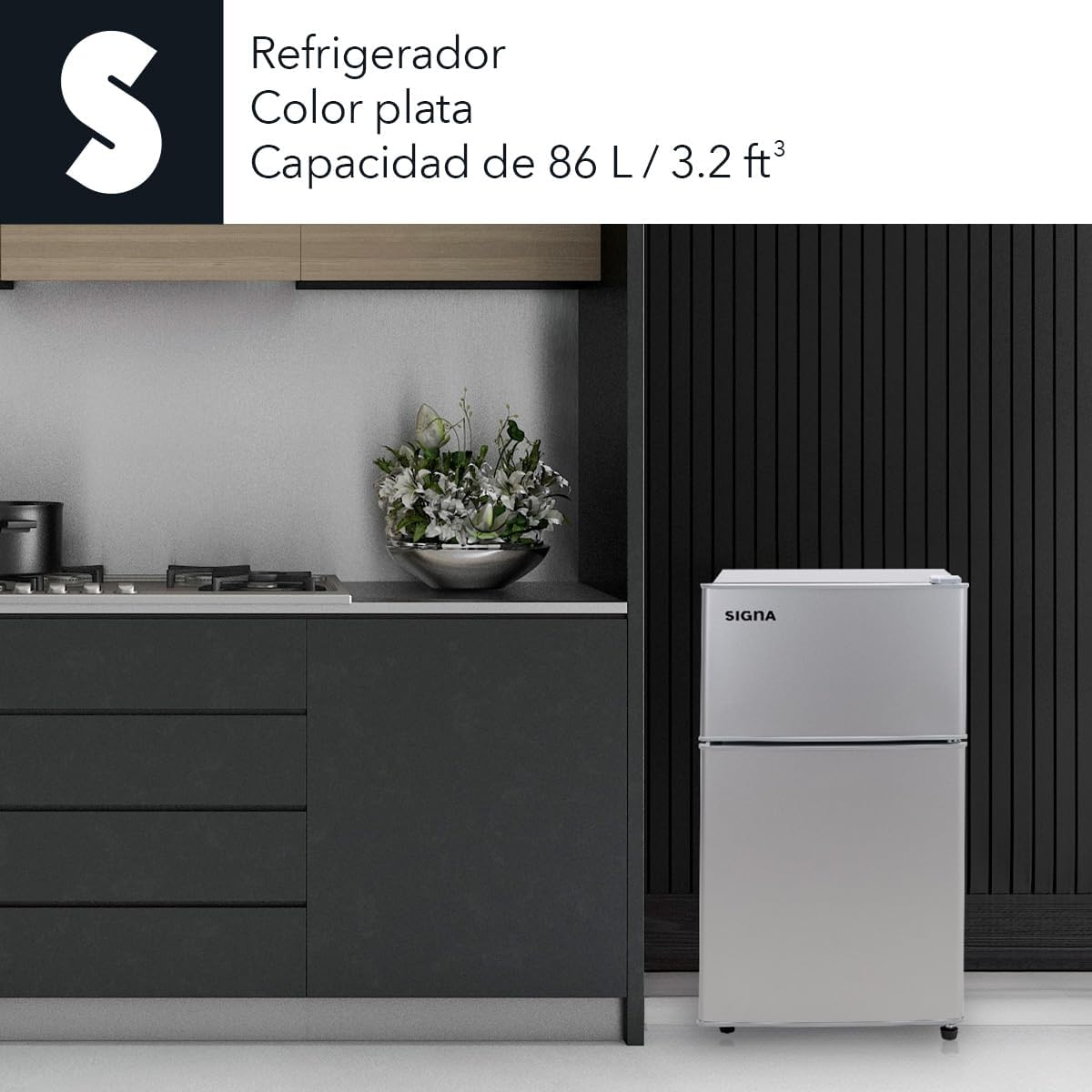 SIGNA Mini Refrigerador 86L (3 pies cubicos) Frigobar Compacto Silver Refrigerador Pequeño Con congelador de Acero Inoxidable Ideal Para Espacios Pequeños Frigobar Mini Multifuncional