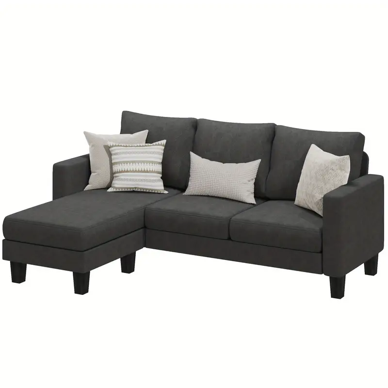Sofá seccional convertible, sofá de 3 plazas en forma de L con tela de lino, otomana móvil Sofá pequeño para apartamentos pequeños, sala de estar y oficina (gris oscuro)