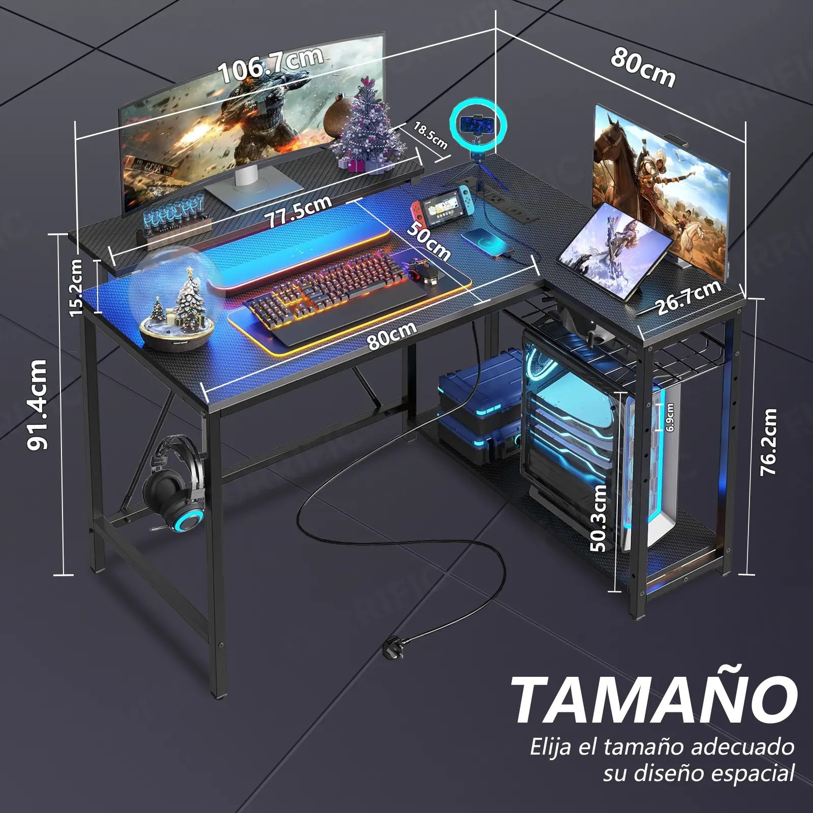 Furrific®escritorio Gamer En L Con Luz Led Y Regleta Enchufe