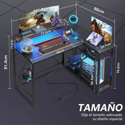 Furrific®escritorio Gamer En L Con Luz Led Y Regleta Enchufe