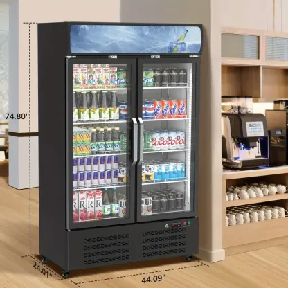 Refrigerador comercial para bebidas HUFY de 26.2 pies cúbicos con 2 puertas de vidrio, enfriador vertical para bebidas con iluminación LED, estantes ajustables y organizadores de bebidas, enfriamiento de 32 a 50