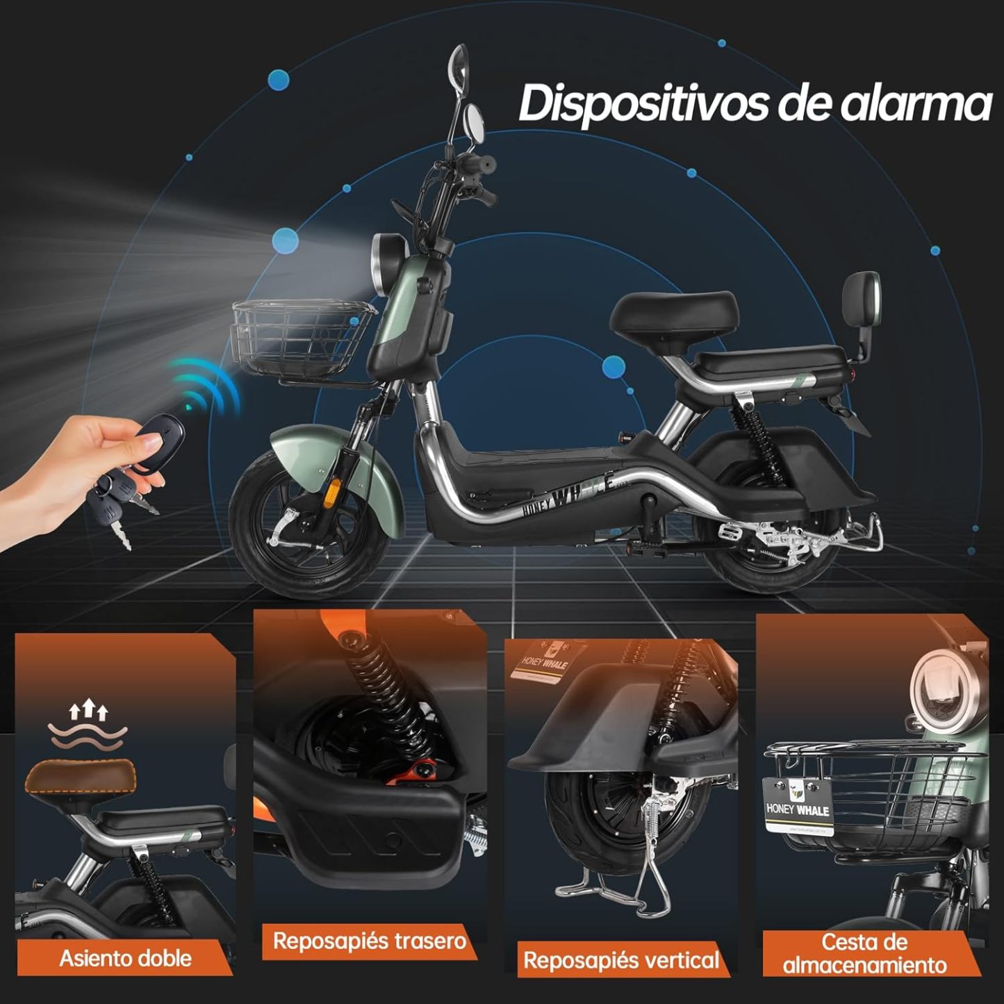HONEYWHALE U3s Bicicleta Electrica para Adultos, Bicimoto Eléctrica con Alarma, Máxima del Motor 650W, Velocidad Máxima 31KM/H, Autonomía 55-60KM, Baterías de Gran Capacidad de 20AH, Dos Asientos