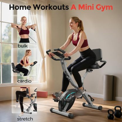 Pleny Folding Exercise Bike, 5 IN 1 Stationary Bike 5.5 LBS Flywheel Exercise Bike, Indoor Workout Bike 330LB Weight Capacity Back Support Cushion for Home Gym Workout