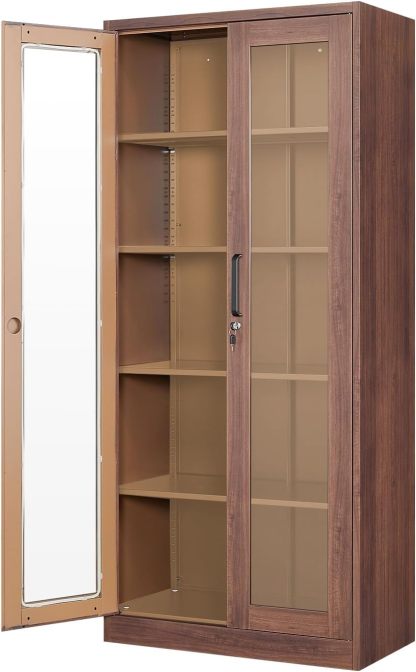 PEUKC - Vitrina con puertas de vidrio, vitrinas con 4 estantes ajustables y cerradura para el hogar, la oficina, la clínica, la despensa, requiere ensamblaje, negro, color madera