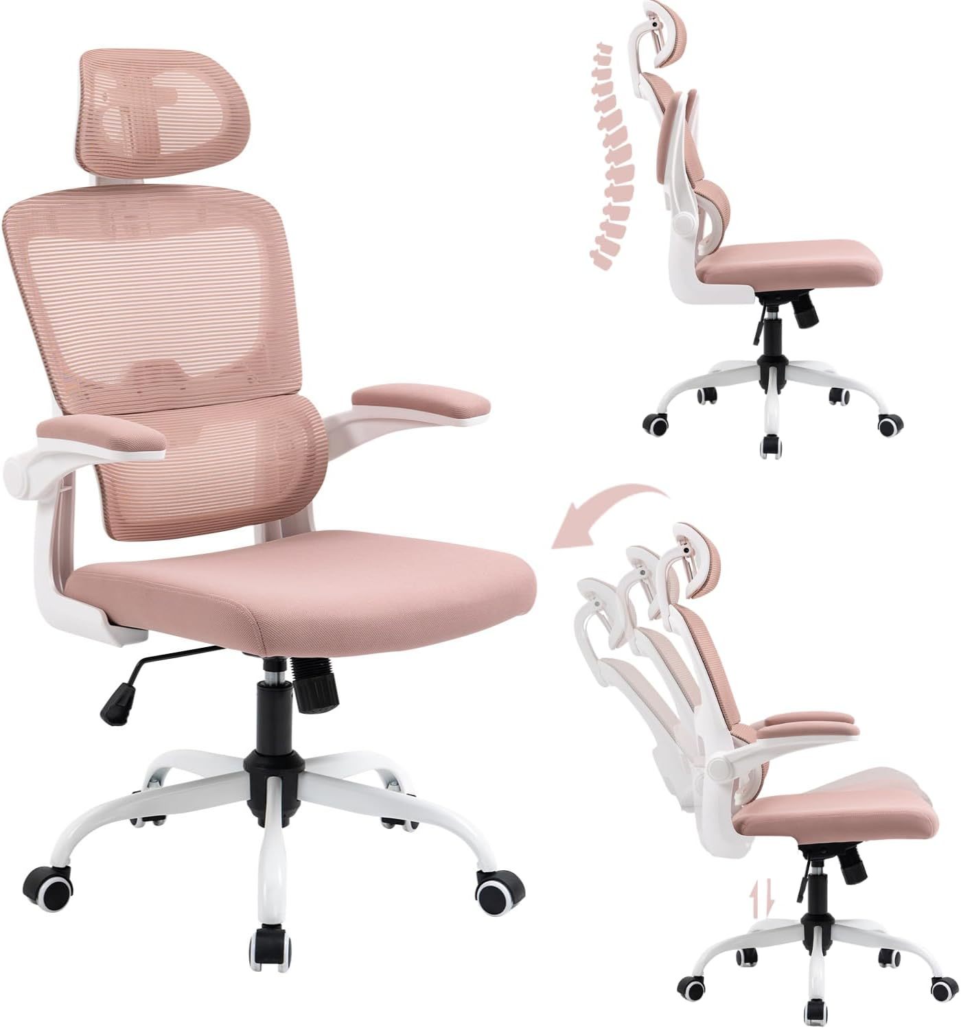 HOMEMAKE FURNITURE Silla Oficina ergonómica de Respaldo Alto con Soporte Lumbar Ajustable Altura reclinable descansabrazos Ajustables Silla Gamer sillas para Escritorio Silla ergonomica Rosa