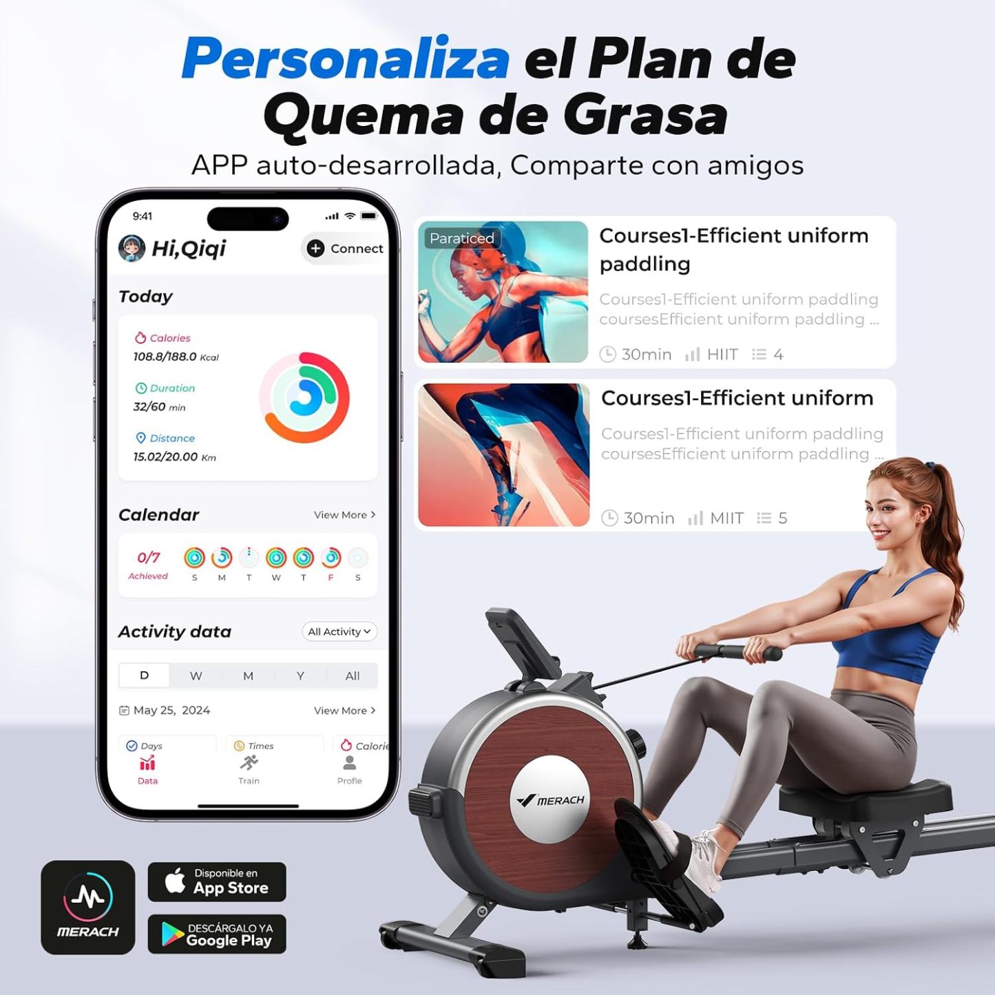 🏋️ MERACH Máquina de Remo, Remadora con Resistencia Magnética, App Propia, Equipo de Ejercicio para Entrenamiento de Cuerpo Completo en Casa