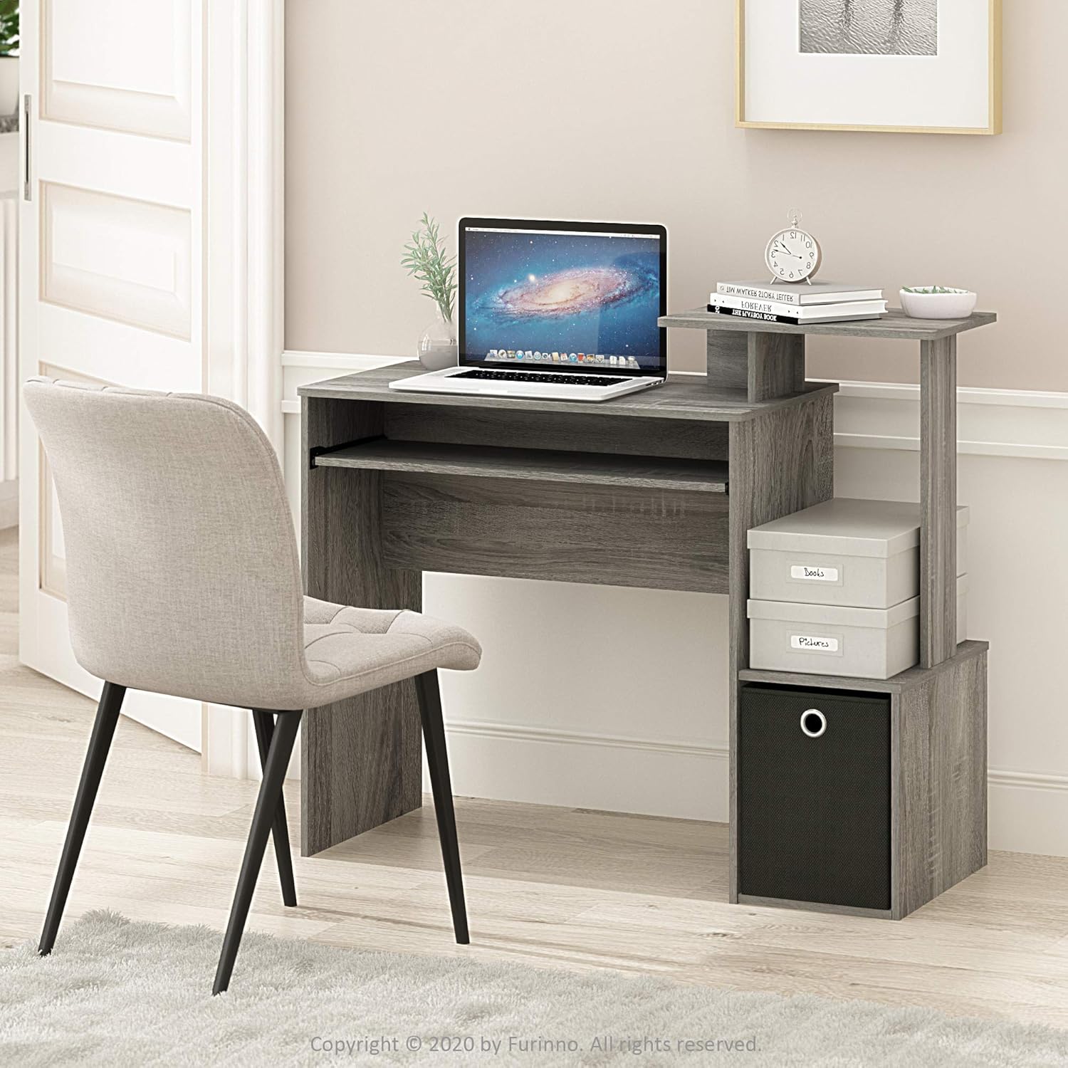 Furinno Econ Escritorio de escritura de computadora de oficina en casa multipropósito W/Bin, Blanco/Negro
