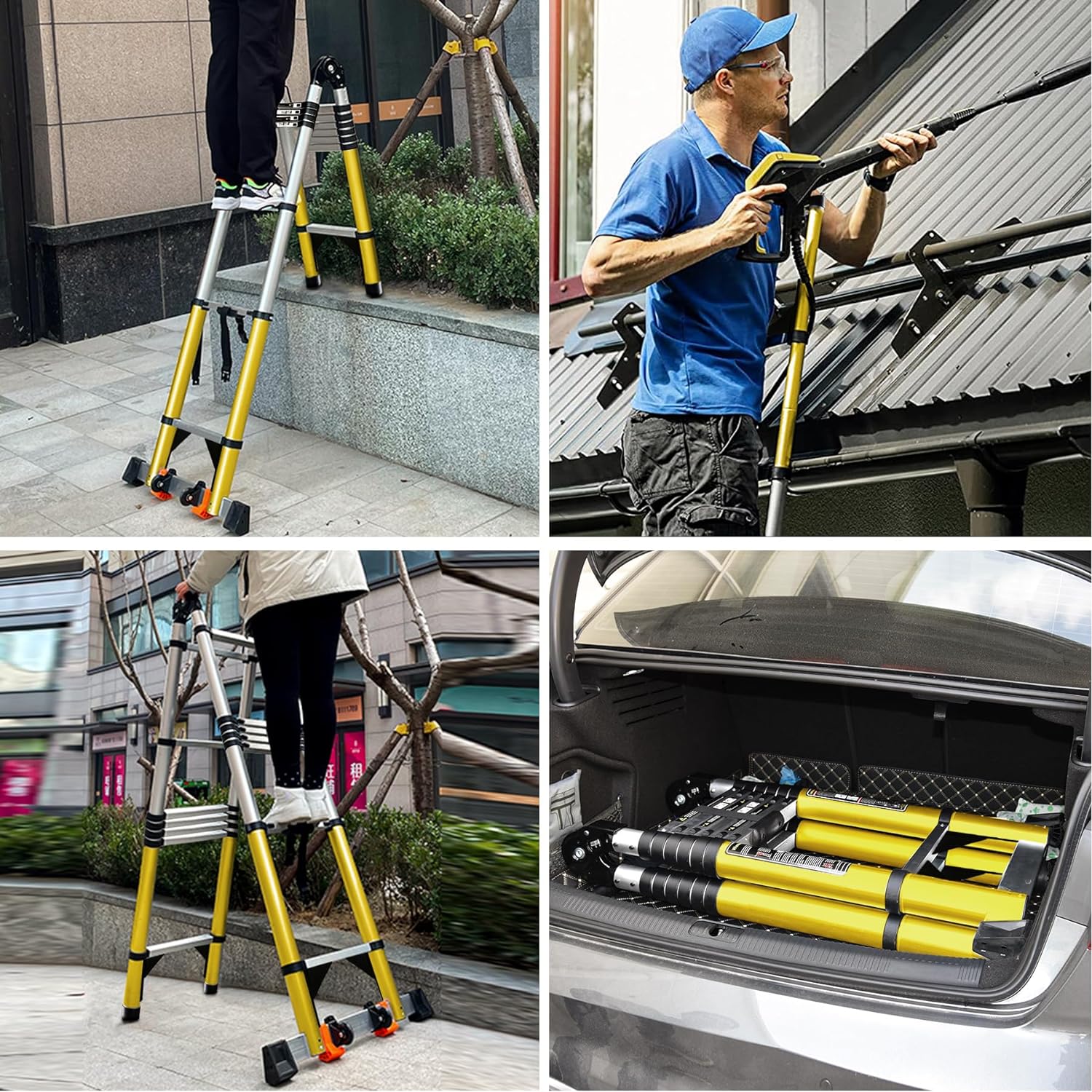 Escalera telescópica de 18 pies con marco A portátil, de aluminio, plegable hasta 38 pulgadas de ancho. Estabilizador/ruedas/soporte de carga ajustable, plegable, escaleras de escalón de 7 + 7 pies-llave inglesa