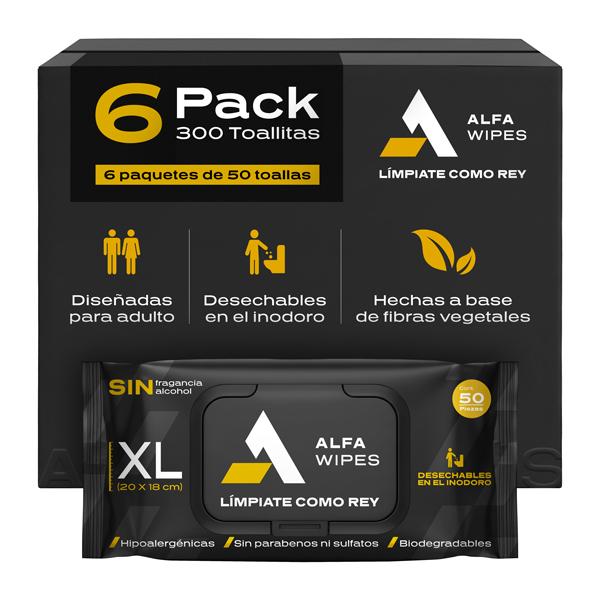 Alfa Wipes Toallitas Humedas para Adulto Extra Grandes y Gruesas, Desechables en Inodoro, Libres de Fragancias, Hipoalergénicas, con Aloe, Vitamina E, Manzanilla | 6 paquetes con 50 toallitas c/u (300 Toallitas)