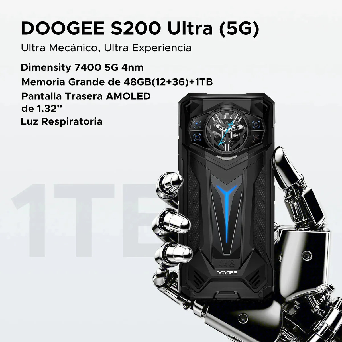 Doogee S200 Ultra Celular Resistente 5G, Android 15, 48GB RAM+1TB ROM, Batería 11000mAh, Pantalla Trasera AMOLED, Cámara 100MP, NFC, WiFi, OTG, GPS, Doble SIM