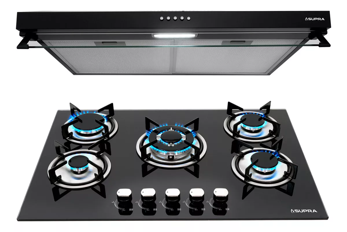 Combo Supra Parrilla Empotrable A Gas Y Campana De Pared Color Negro