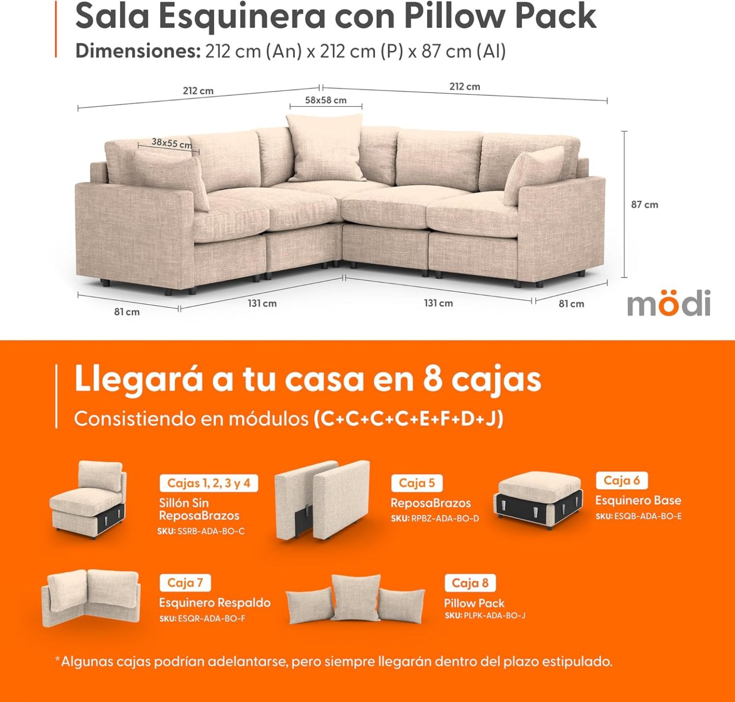 MODISOFA - Sofá Sala Esquinera Modular con Otomano | 6 Plazas | Beige | + Pillow Pack | Fácil de Ensamblar y Adaptable | Envío Gratis