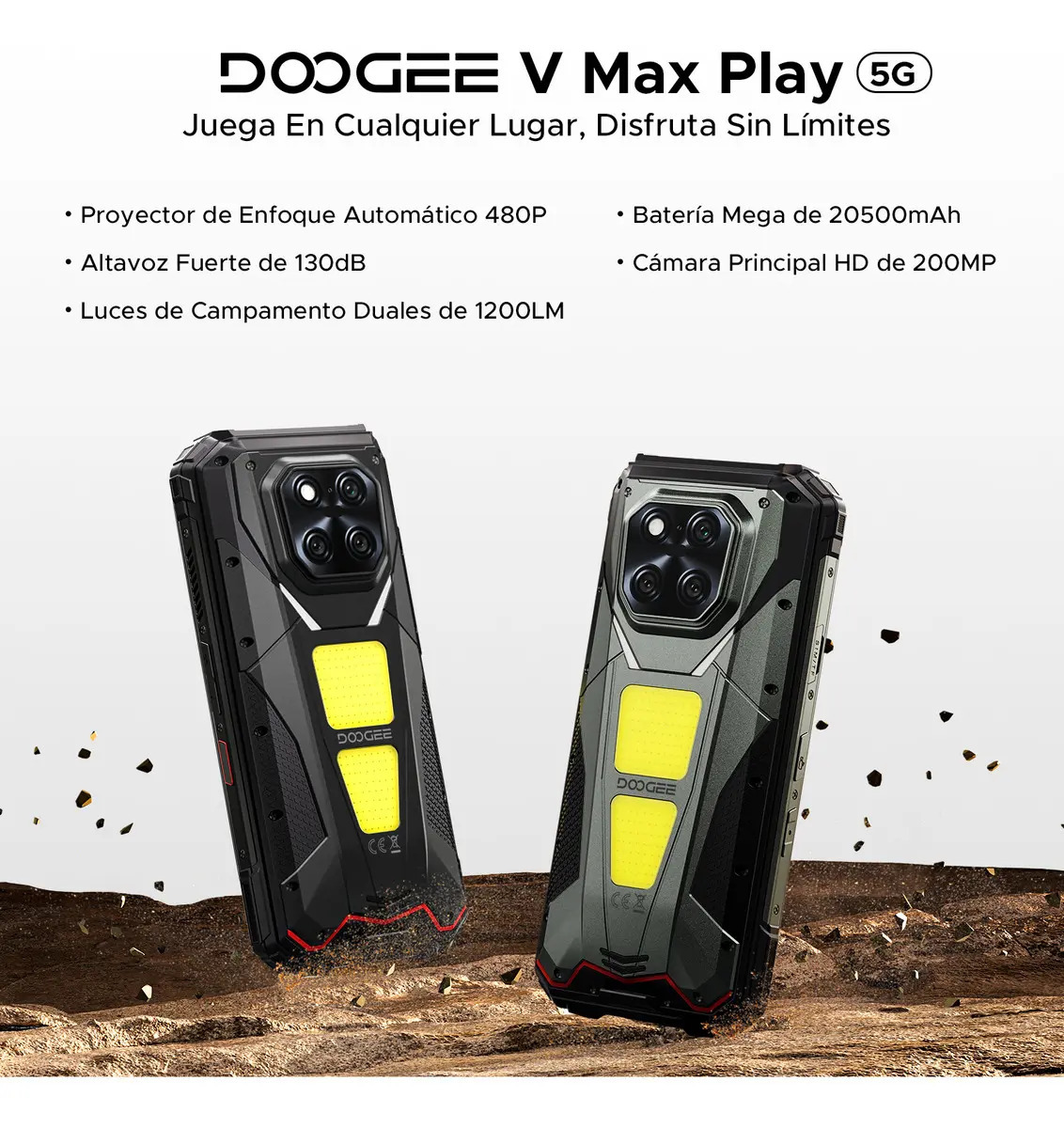 🛡️Doogee V Max Play Celular Resistente 5G, Android15, Proyector 480p 100lm, Pantalla 6.78" FHD+ 120Hz, 36GB+512GB/2TB, Cámara 200MP, Batería 20500mAh 45W, IP68
