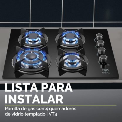 AVERA Combo Parilla y Campana|Parrilla de Gas 4 Quemadores, Vidrio Templado Negro 60cm (Incluye accesorios de Instalación) Encendido Electronico, Estufa Empotrable, para Gas LP y Natural | VT4CEA60N