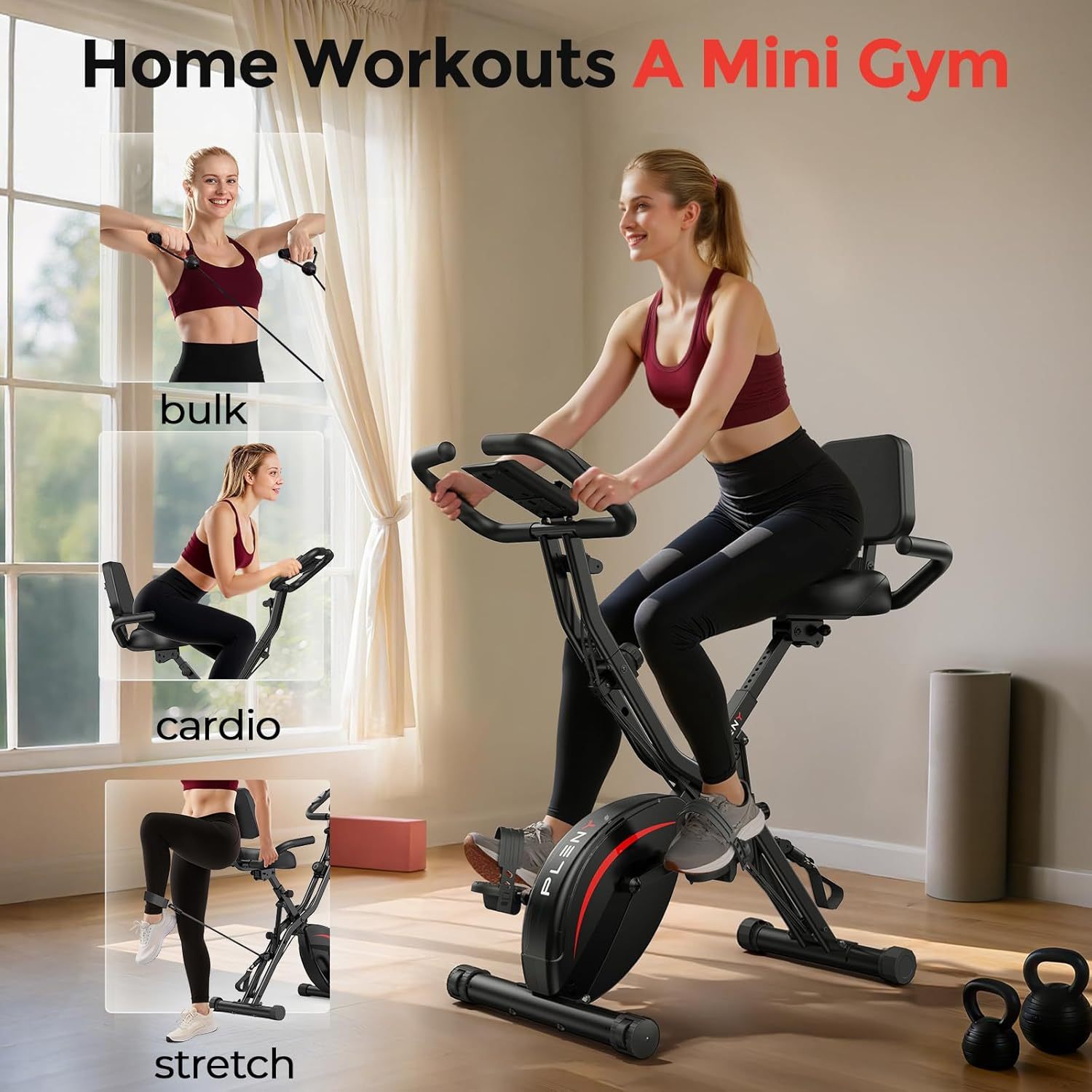 Pleny Folding Exercise Bike, 5 IN 1 Stationary Bike 5.5 LBS Flywheel Exercise Bike, Indoor Workout Bike 330LB Weight Capacity Back Support Cushion for Home Gym Workout