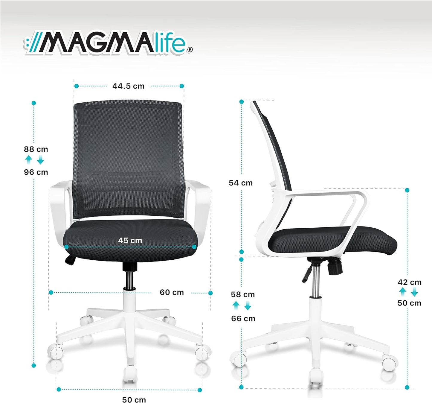 MAGMALIFE Silla Ergonómica de Escritorio con Respaldo de Malla Transpirable, Moderna y Elegante, Silla Giratoria con Soporte Lumbar y Cómodos Descansabrazos (Azul Cerúleo)