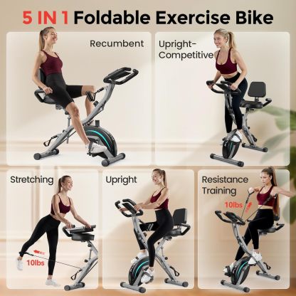 Pleny Folding Exercise Bike, 5 IN 1 Stationary Bike 5.5 LBS Flywheel Exercise Bike, Indoor Workout Bike 330LB Weight Capacity Back Support Cushion for Home Gym Workout