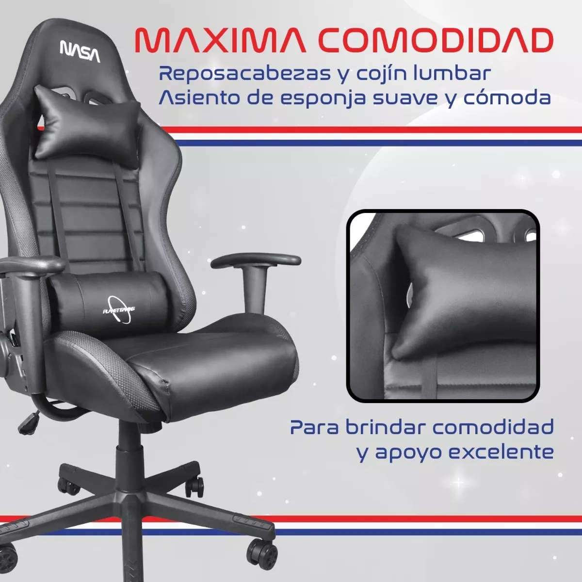 Silla De Escritorio Nasa Pro Gamer Ergonómica Con Luces Led Color Negro Material del tapizado Cuero sintético