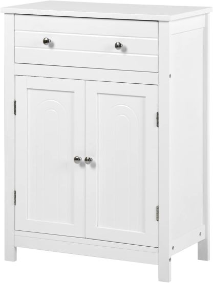 Gabinete de Almacenamiento para Piso de Baño con Puerta Doble, Estante Ajustable, para Baño, Sala de Estar, Cocina, Estilo Nórdico Escandinavo, Fácil Montaje