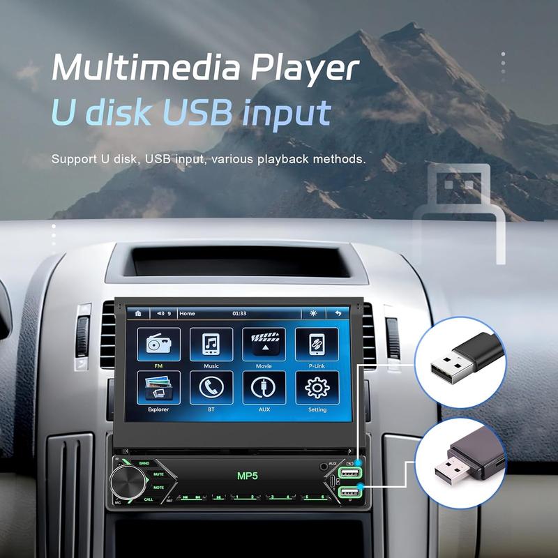 Autorradio de 1 DIN con pantalla táctil de 7 pulgadas, radio para coche con pantalla abatible, Bluetooth, radio FM, función Mirror Link para teléfonos Android/iOS, compatible con tarjetas TF/USB, incluye cámara y micrófono.