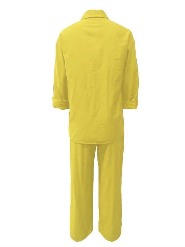 Women's Solid Color Shirt & Wide Leg Pants Set, Casual Fashion Cozy Breathable Two-piece Outfits for Daily Outdoor Wear, Women Clothes for Spring Fall