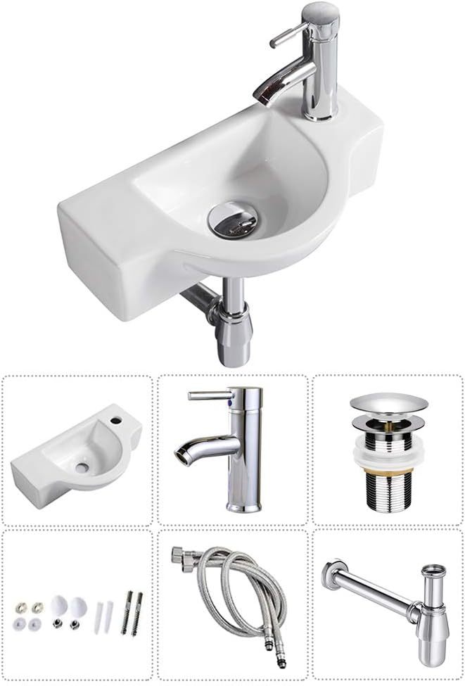 Fregadero de baño de cerámica blanca, fregadero esquinero pequeño montado en la pared (fregadero con grifo y desagüe) -----Cepillo de limpieza