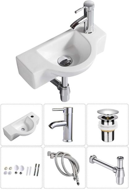 Fregadero de baño de cerámica blanca, fregadero esquinero pequeño montado en la pared (fregadero con grifo y desagüe) -----Cepillo de limpieza