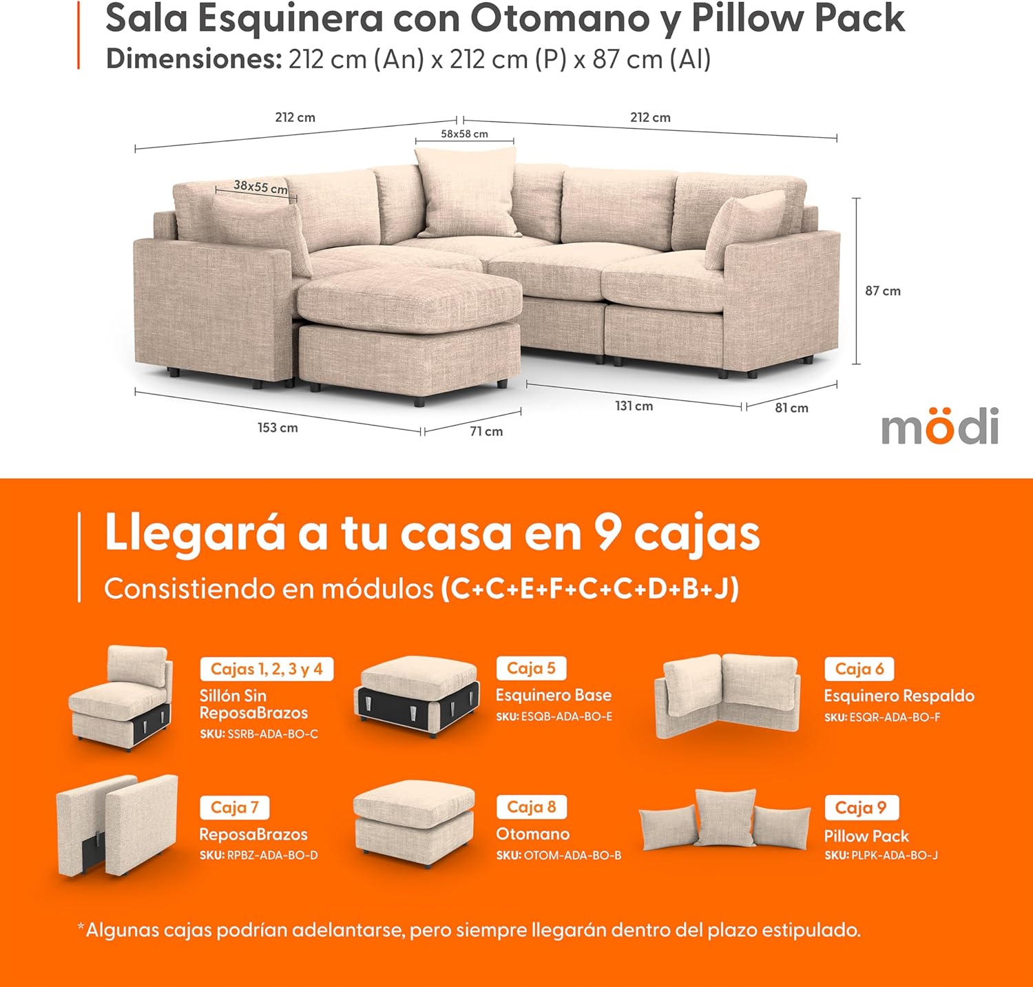 MODISOFA - Sofá Sala Esquinera Modular con Otomano | 6 Plazas | Beige | + Pillow Pack | Fácil de Ensamblar y Adaptable | Envío Gratis