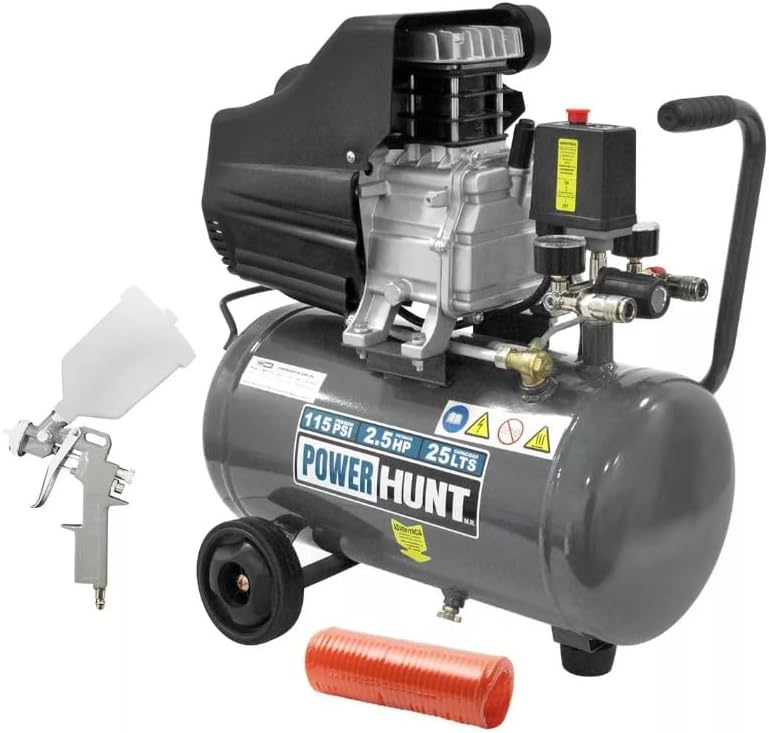 Compresor de aire 25 litros para pintar motor de 2.5 hp, 115 psi, sopletear, barnizar, con doble conexión rápida. Incluye manguera para compresor de 3 metros y pistola de gravedad.