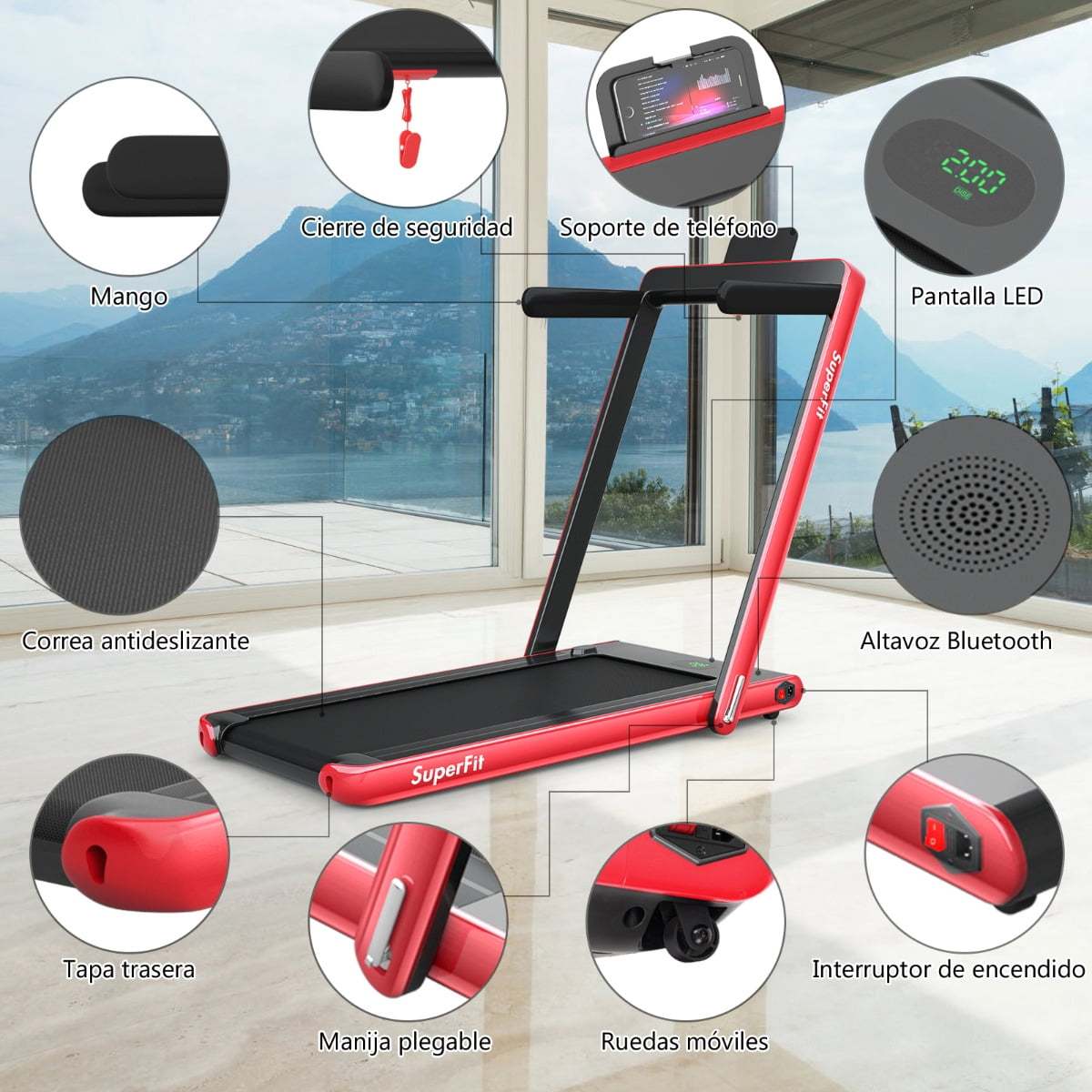 Costway Caminadora Plegable 2 en 1 Eléctrica Portátil 2,25 HP 12 Km/h con Altavoz Bluetooth Mando Pantalla LED App Control para Casa Rojo Costway Modern