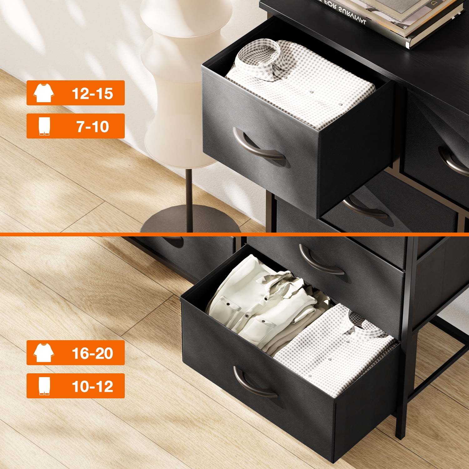 Yanming Cómoda de Tela con 9 cajones, Estructura de Acero y Tapa de Madera para Dormitorio, Armario, Entrada