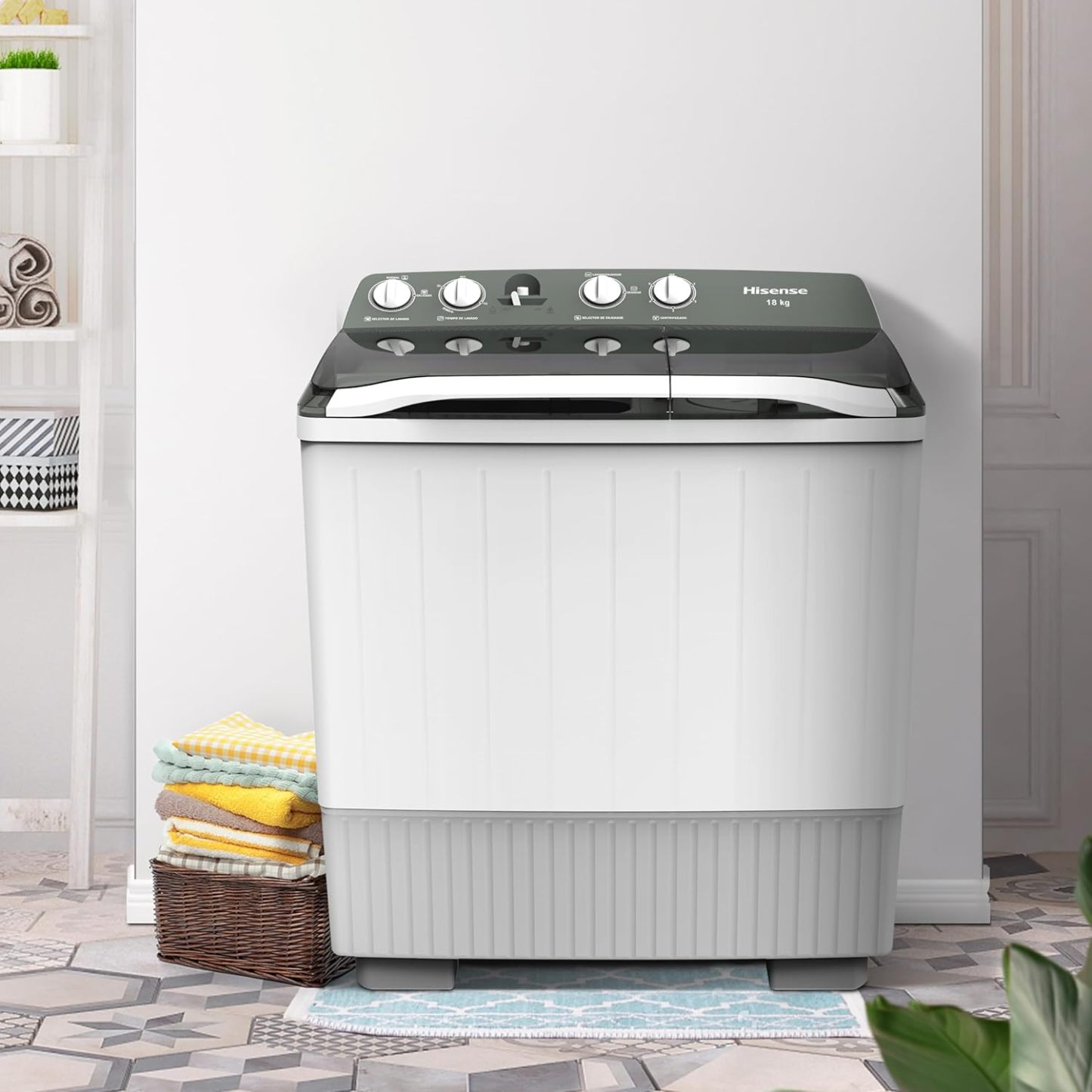 Hisense Lavadora doble tina WSA1604P, Semiautomática, 16 Kg, Temporizador de Lavado y Centrifugado, 88x52x99cm(AnchoxLargoxAlto), Blanco/Azul