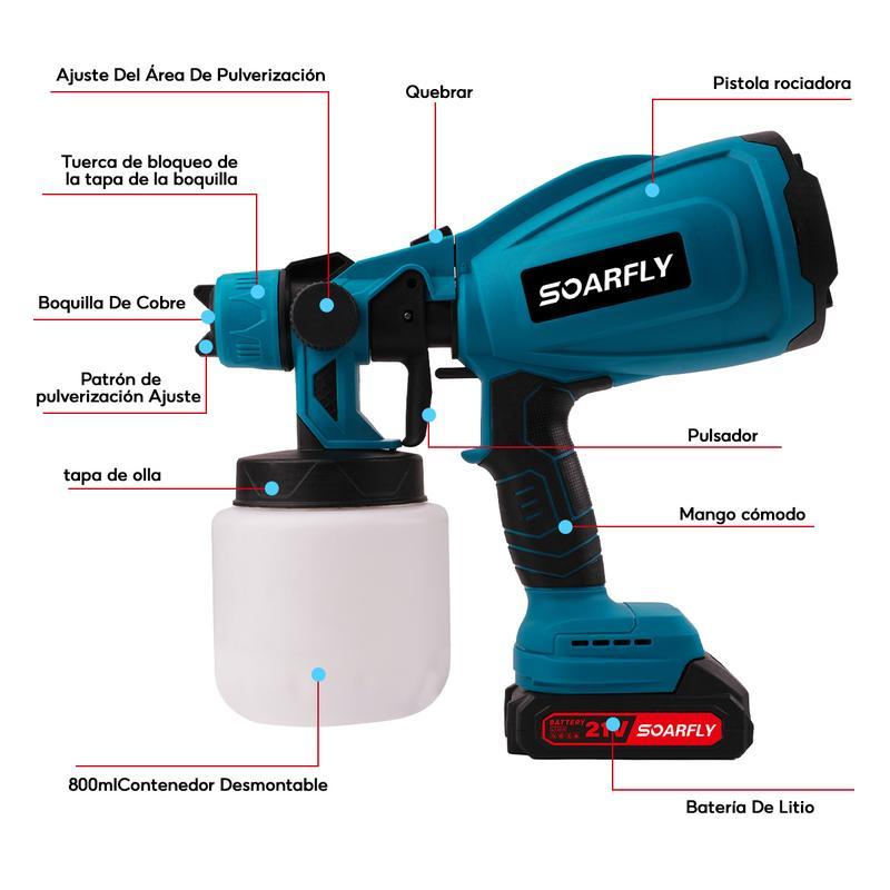 Pistola pulverizadora de mano pulverizadora eléctrica inalámbrica con 2 Batería Recargables de 2600mAh, botella pulverizadora  de 800ml (color: Azul) para Casas, Paredes, Cercas
