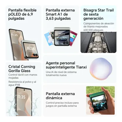 📱 Motorola Razr 60 5G Celular Plegable Desbloqueado, Versiones 8GB RAM+256GB ROM / 12GB RAM+512GB ROM, Procesador Dimensity 7400X, Pantalla POLED 6.9" 120Hz, Cámara Principal 50MP OIS + 13MP, Selfie 32MP, Batería 4500mAh, Carga Inalámbrica 15W, Resistenc