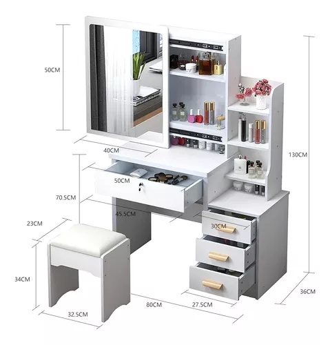 Tocador Multifuncional Moderno Con Espejo, Silla Y 4 Cajones