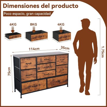 FURRIFIC Cómoda Gran Capacidad de 9 Cajones,115 * 75 * 35cm,Cajonera para Recamara,Ropa,Hogar Y Oficina,Organizador Cajonera de Estructura Metal con Cajones de Tela en 3 Tamaños