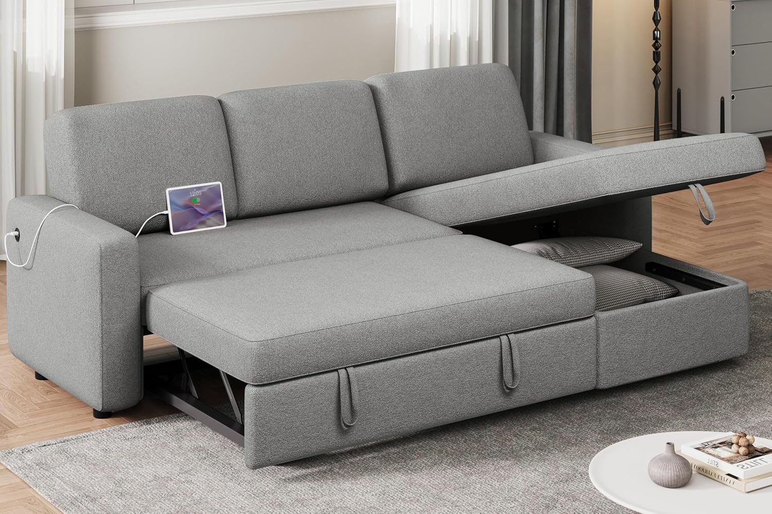 Yaheetech Sofá seccional en forma de L, sofá cama con chaise, sofá cama reversible con cama extraíble y espacio de almacenamiento, sofá convertible de tela de 4 asientos, adecuado para sala de estar, gris claro