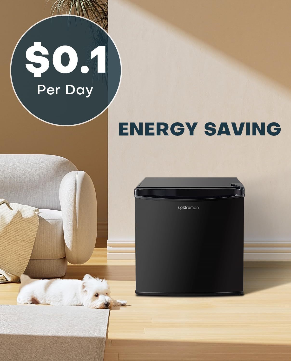 Upstreman Mini refrigerador con congelador de 1.7 pies cúbicos, termostato ajustable, ahorro de energía, bajo ruido, refrigerador compacto de una sola puerta para recámara, oficina, recámara, negro-FR17