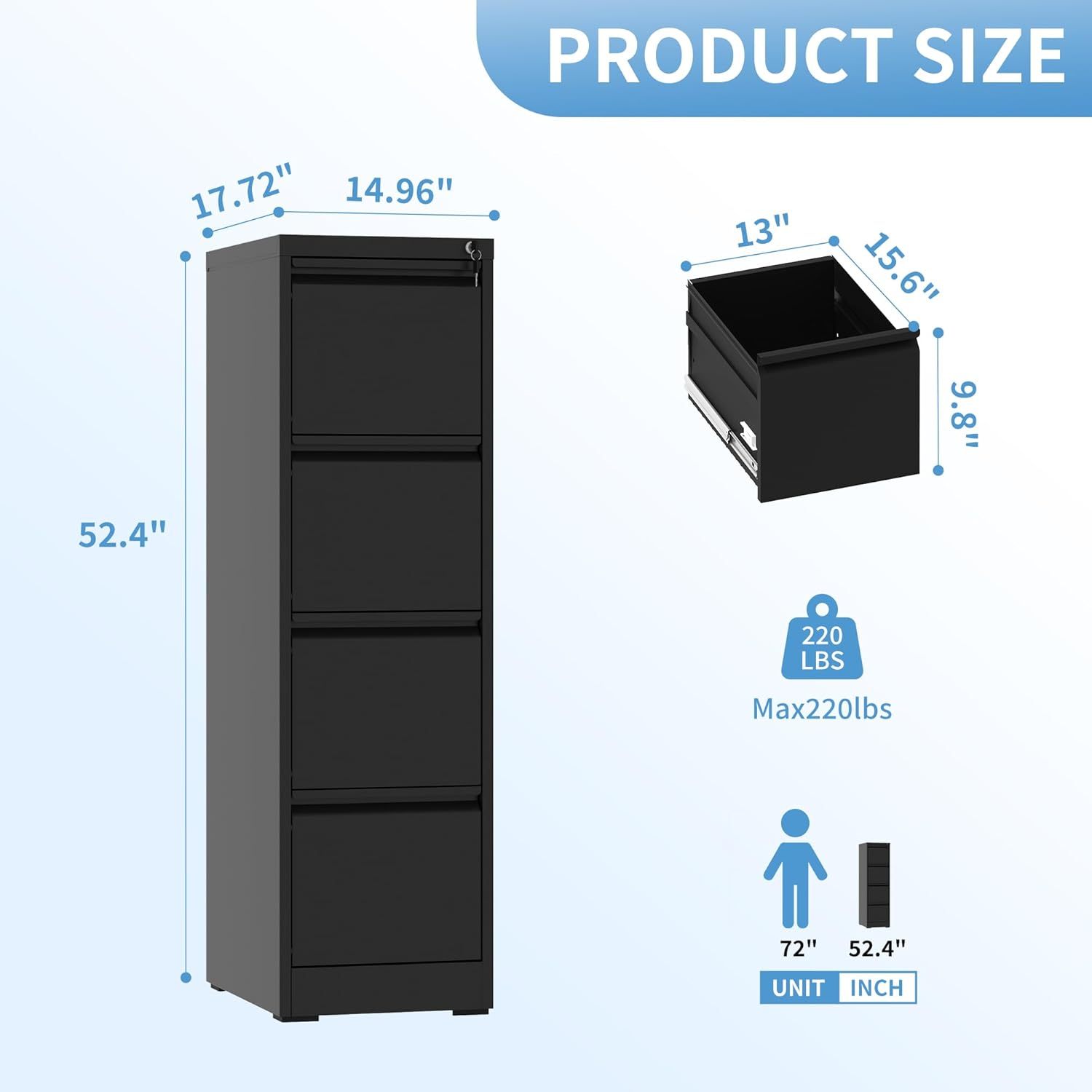 AQY - Archivador vertical de 4 cajones con cerradura, archivador vertical de metal para oficina en casa, archivadores de 18 pulgadas de profundidad para colgar carpetas legales o tamaño carta,