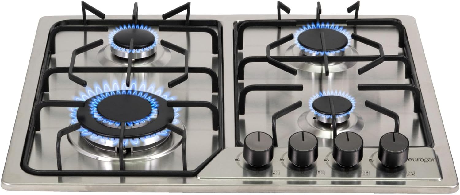 EUROGAR Parrilla de Gas Empotrable 5 Quemadores, Acero inoxidable 76 cm, Uso para LP o Natural, Encendido Electrónico, Soportes de Hierro Fundido | EU5AI