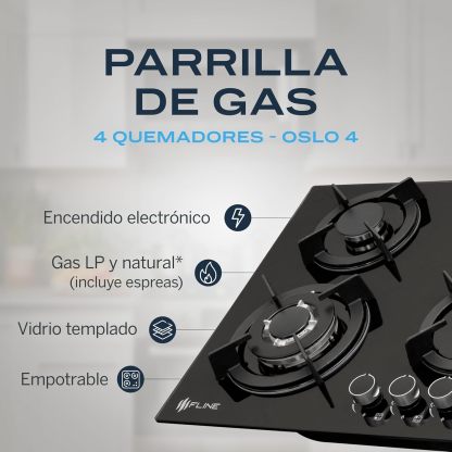 Parrilla De Gas Empotrable 4 Quemadores | Vidrio Templado | Gas LP Y Gas Natural | Encendido Electrónico | Estufa De Mesa | Parrilla De Inducción | Fácil Limpieza
