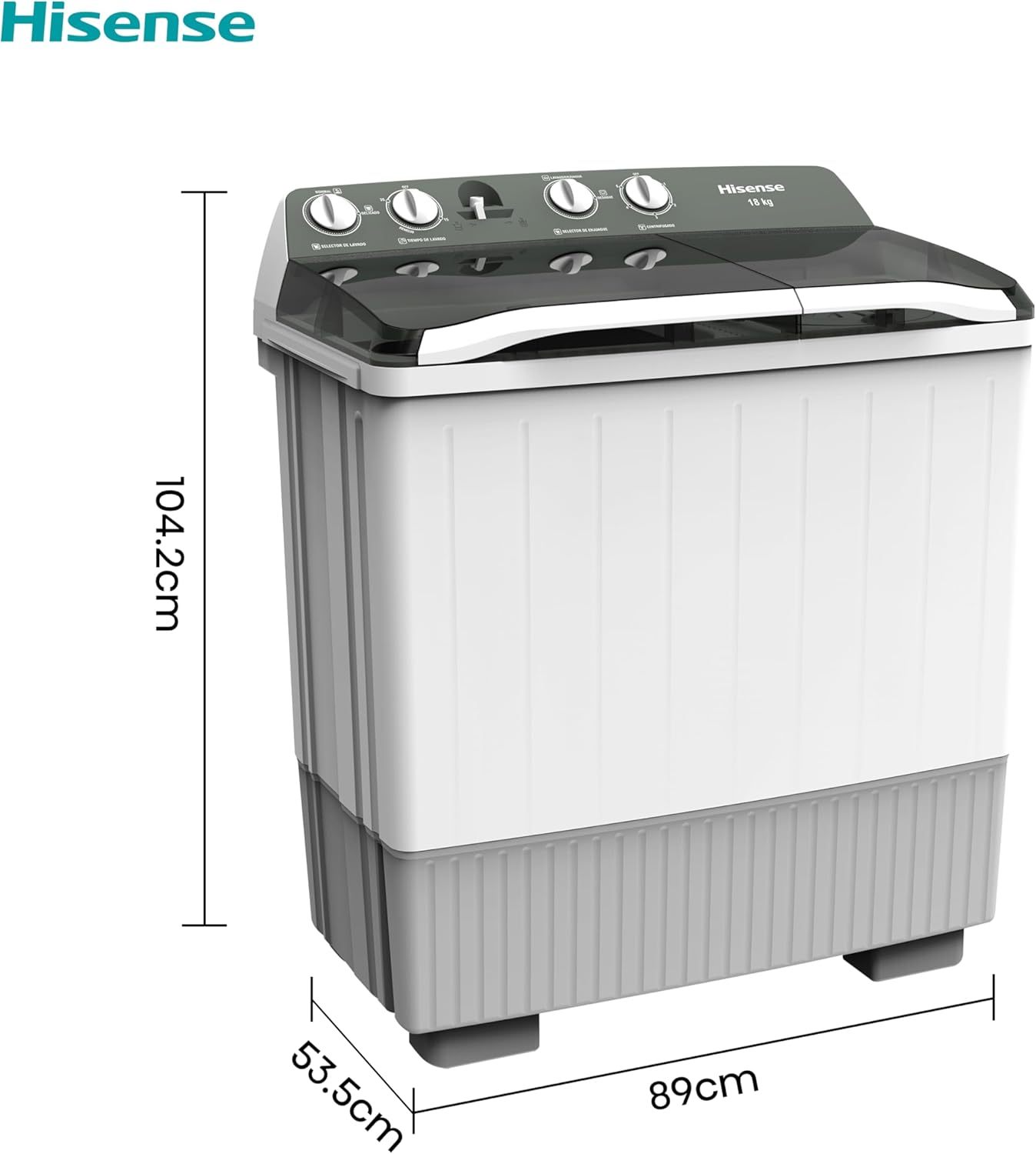 Hisense Lavadora doble tina WSA1604P, Semiautomática, 16 Kg, Temporizador de Lavado y Centrifugado, 88x52x99cm(AnchoxLargoxAlto), Blanco/Azul