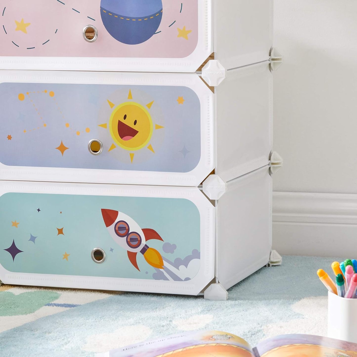 SONGMICS Modular Children's Shelf with 6 Cubes, Children's Shoe Rack, 43 x 31 x 105 cm, Modular Cabinet with Doors, for Clothes, Shoes, Toys, Cloud White MLPC904W01