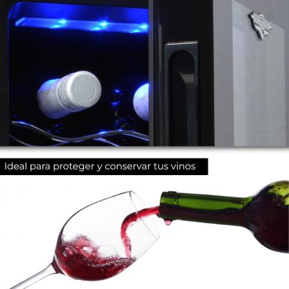 RACK & PACK Cava de Vinos para 8 Botellas 3 Rejillas Control de Temperatura Digital Iluminacion Led Azul Enfriador de Vinos Refrigerador para Vino Frigobar 8 – 18° C 55 W 22 L sin Vibraciones