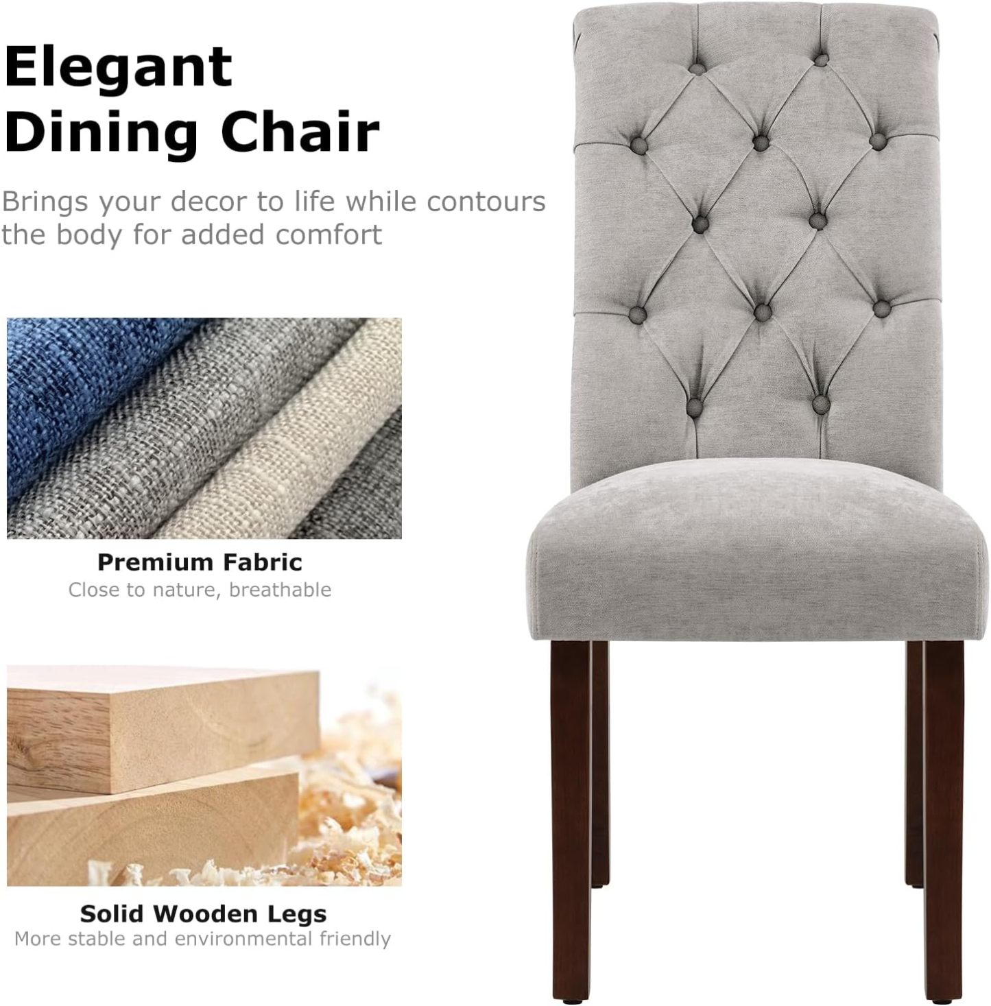 COLAMY - Juego de 6 sillas de Comedor con Botones y tapizadas, con Patas de Madera Maciza y Asiento Acolchado para Comedor, Cocina, Color Gris