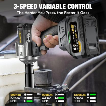 Llave de impacto inalámbrica mejorada de 1/2", 900 pies-libras (1200 Nm) sin escobillas, llave de impacto de alto par de 21 V con 2 baterías de 4.0Ah, velocidad variable para automóvil, camión