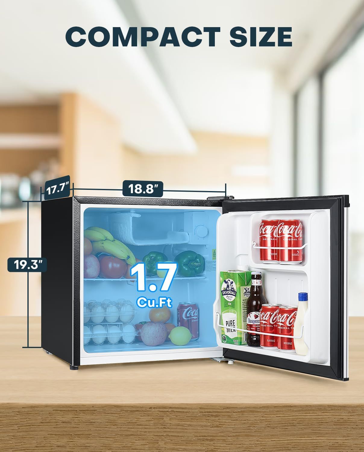 Upstreman Mini refrigerador con congelador de 1.7 pies cúbicos, termostato ajustable, ahorro de energía, bajo ruido, refrigerador compacto de una sola puerta para recámara, oficina, recámara, negro-FR17