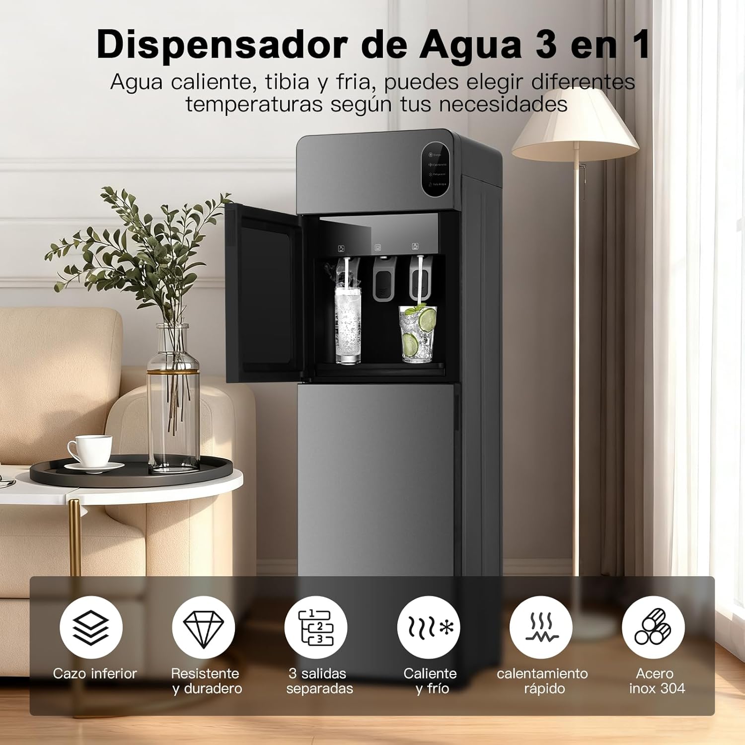 Dispensador de Agua con Garrafón Oculto, 3 Grifos Agua Helada (8°C), Fría y Caliente, Enfriador de Aguas de Acero Inoxidable, Bloqueo de Seguridad, Elegante Diseño, para Hogar Oficina Gimnasio
