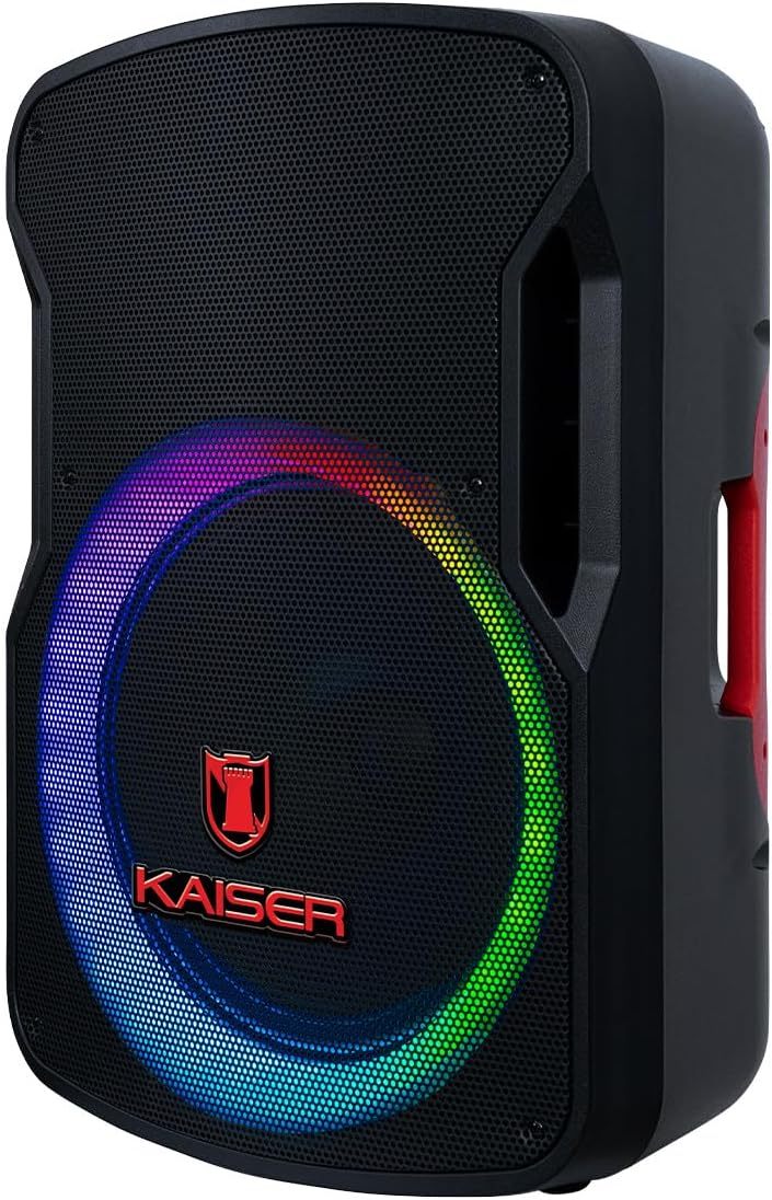 Kaiser Bafle Profesional Recargable, 15” y Potencia de 25,000 W PMPO Color Negro, Bluetooth, micrófono alámbrico y tripié metálico incluídos y Luz LED Multicolor, Tecnología KSR Link LED GEM-9515
