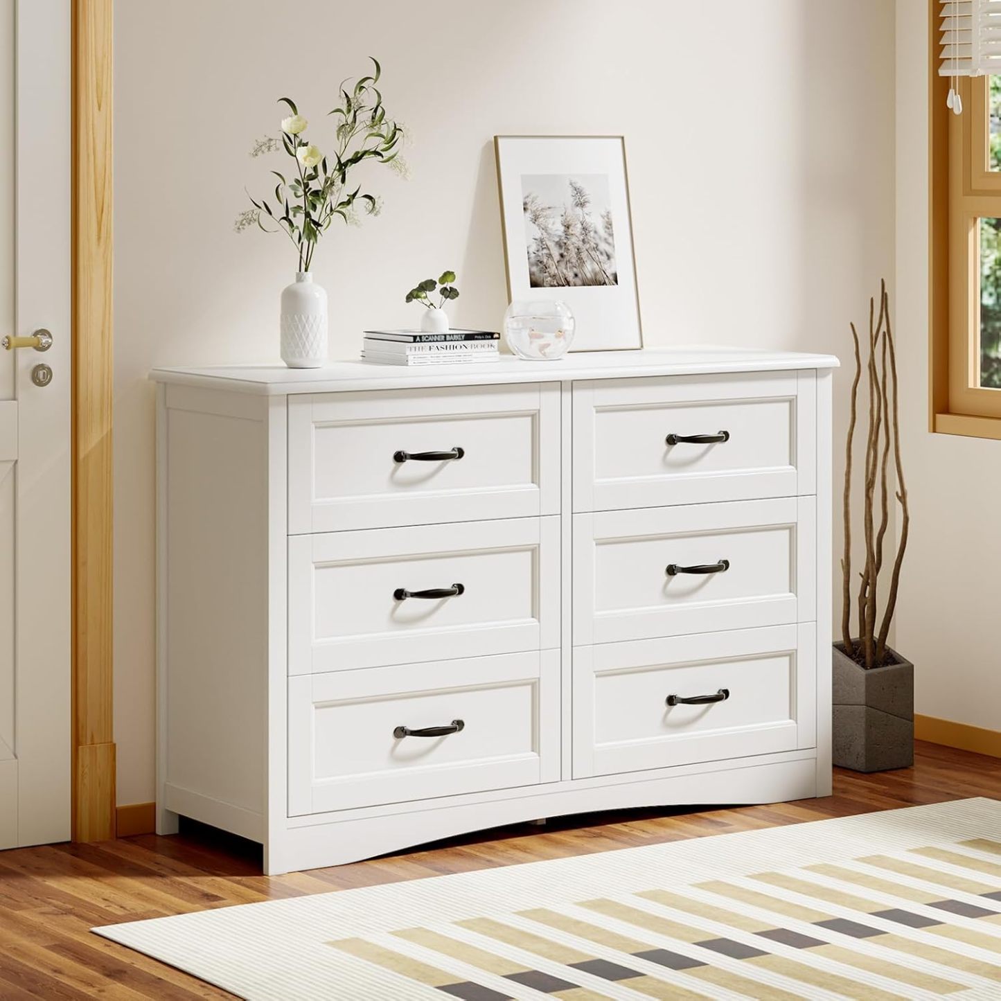 Gizoon - Cómoda de 6 cajones para recámara, cómoda de 47 pulgadas más grande con asa mental para habitación de niños, cómoda blanca con 6 cajones de almacenamiento para sala de estar, entrada y